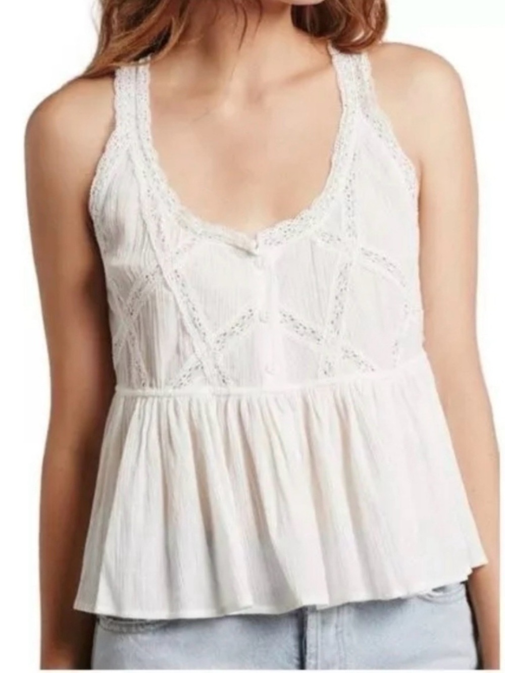 Current Elliott Women's White Lace-Trim Sleeveless Peplum Tank Top
